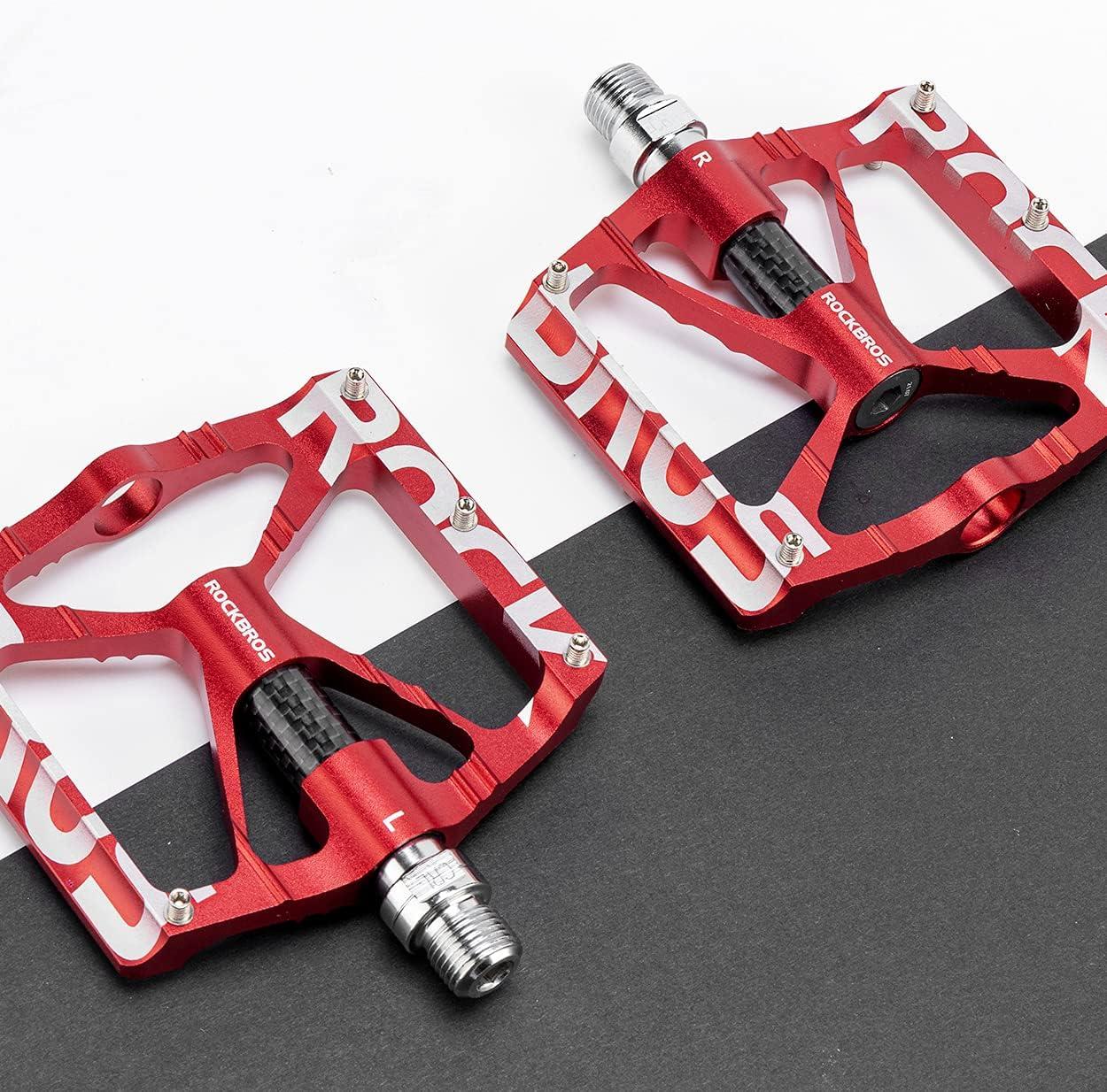 imageROCKBROS Mountain Bike Pedals MTB Pedals CNC NonSlip Lightweight Aluminum Alloy Bicycle Pedals Sealed Bearings Bicycle Platform Pedals 916 BMX Road Bike PedalRed