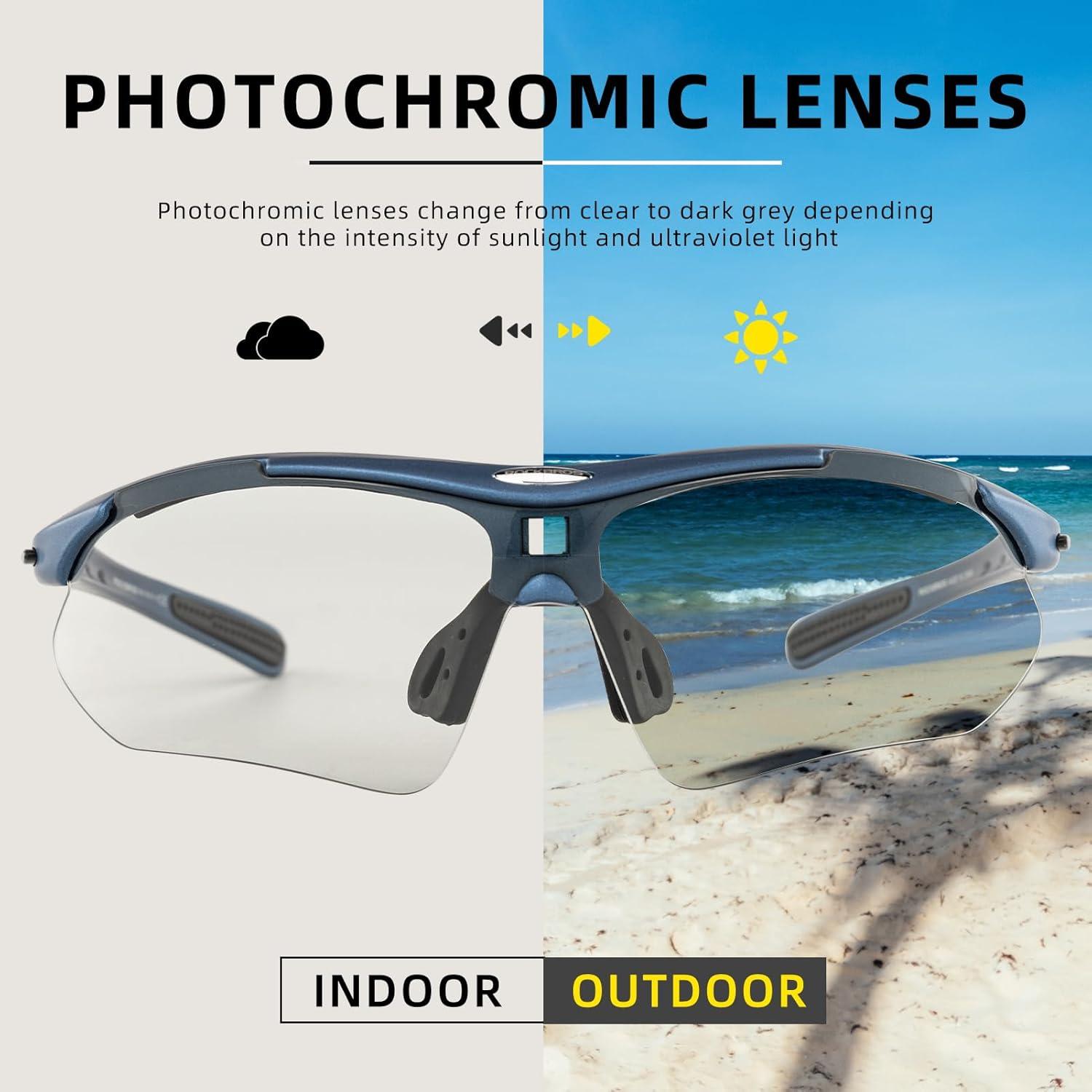 imageROCKBROS Photochromic Sports Sunglasses Mens Pickleball Glasses Cycling Glasses MTB Sunglasses with Removable Elasctic BandBlue