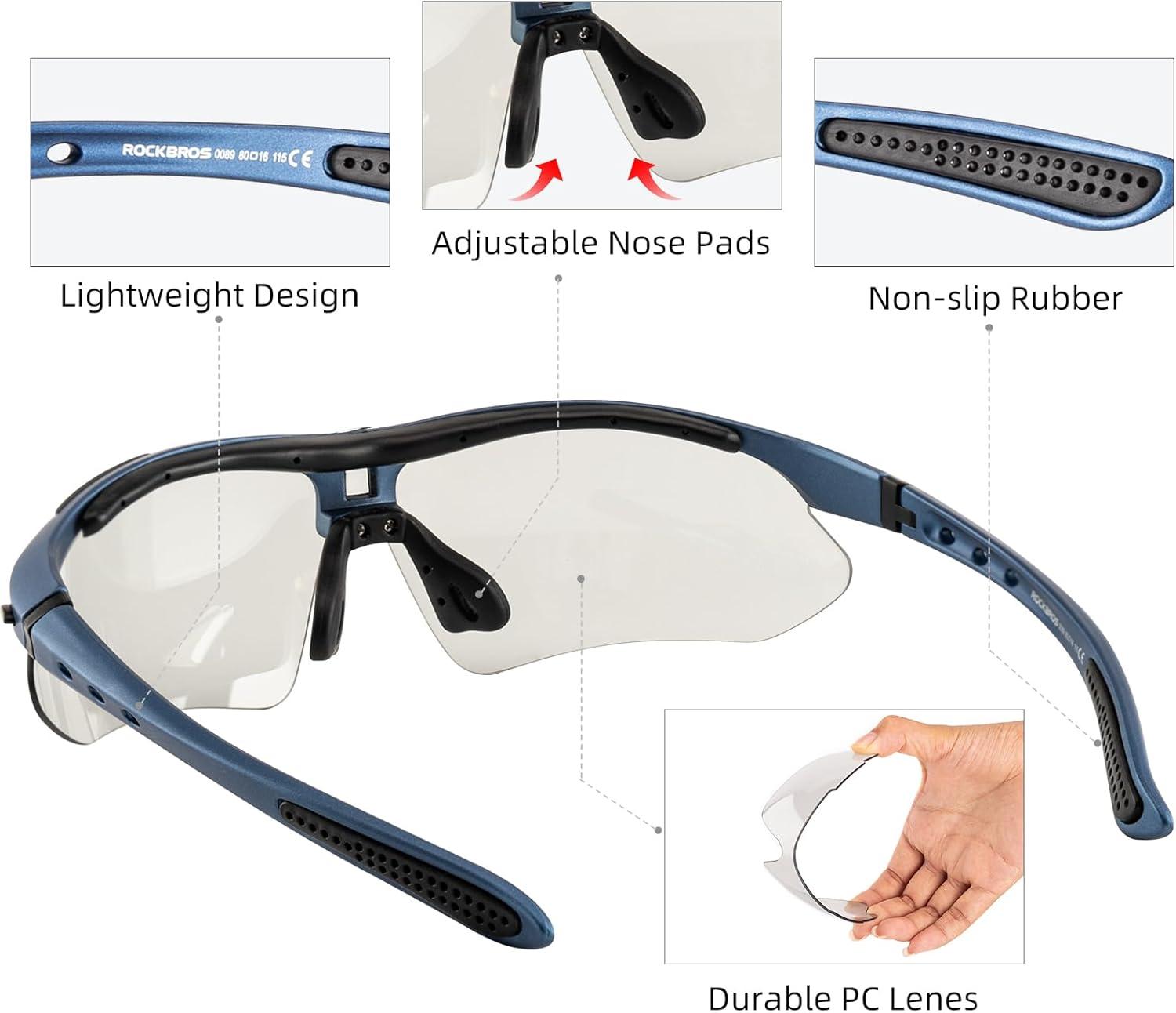 imageROCKBROS Photochromic Sports Sunglasses Mens Pickleball Glasses Cycling Glasses MTB Sunglasses with Removable Elasctic BandBlue
