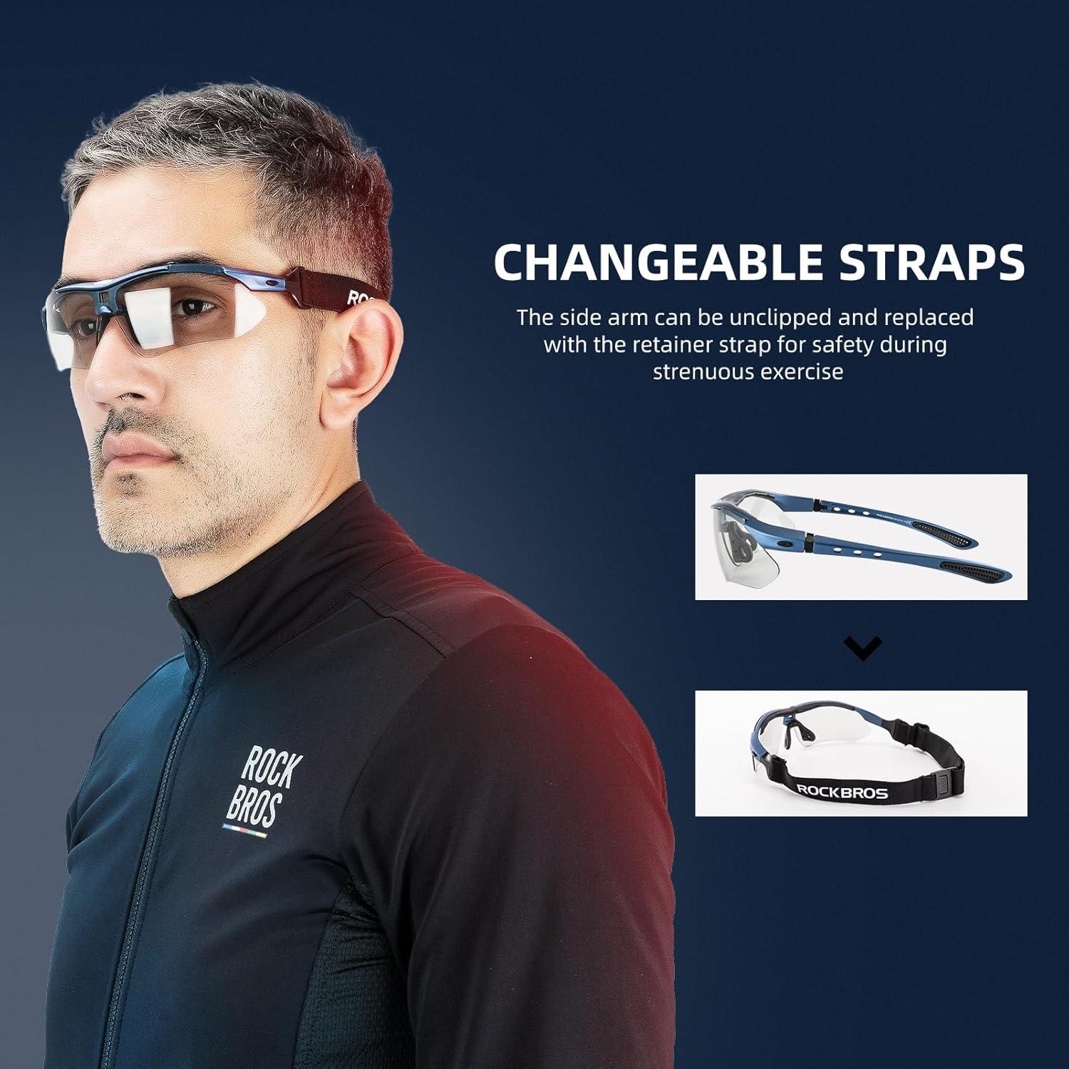 imageROCKBROS Photochromic Sports Sunglasses Mens Pickleball Glasses Cycling Glasses MTB Sunglasses with Removable Elasctic BandBlue
