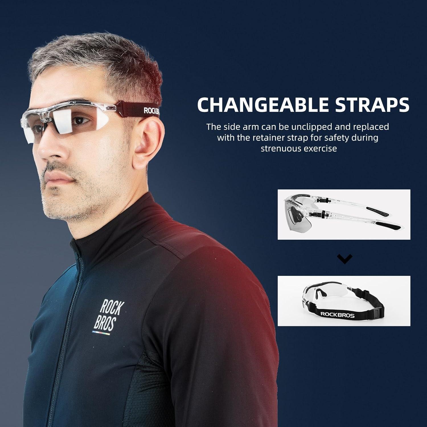 imageROCKBROS Photochromic Sports Sunglasses Mens Pickleball Glasses Cycling Glasses MTB Sunglasses with Removable Elasctic BandGrey