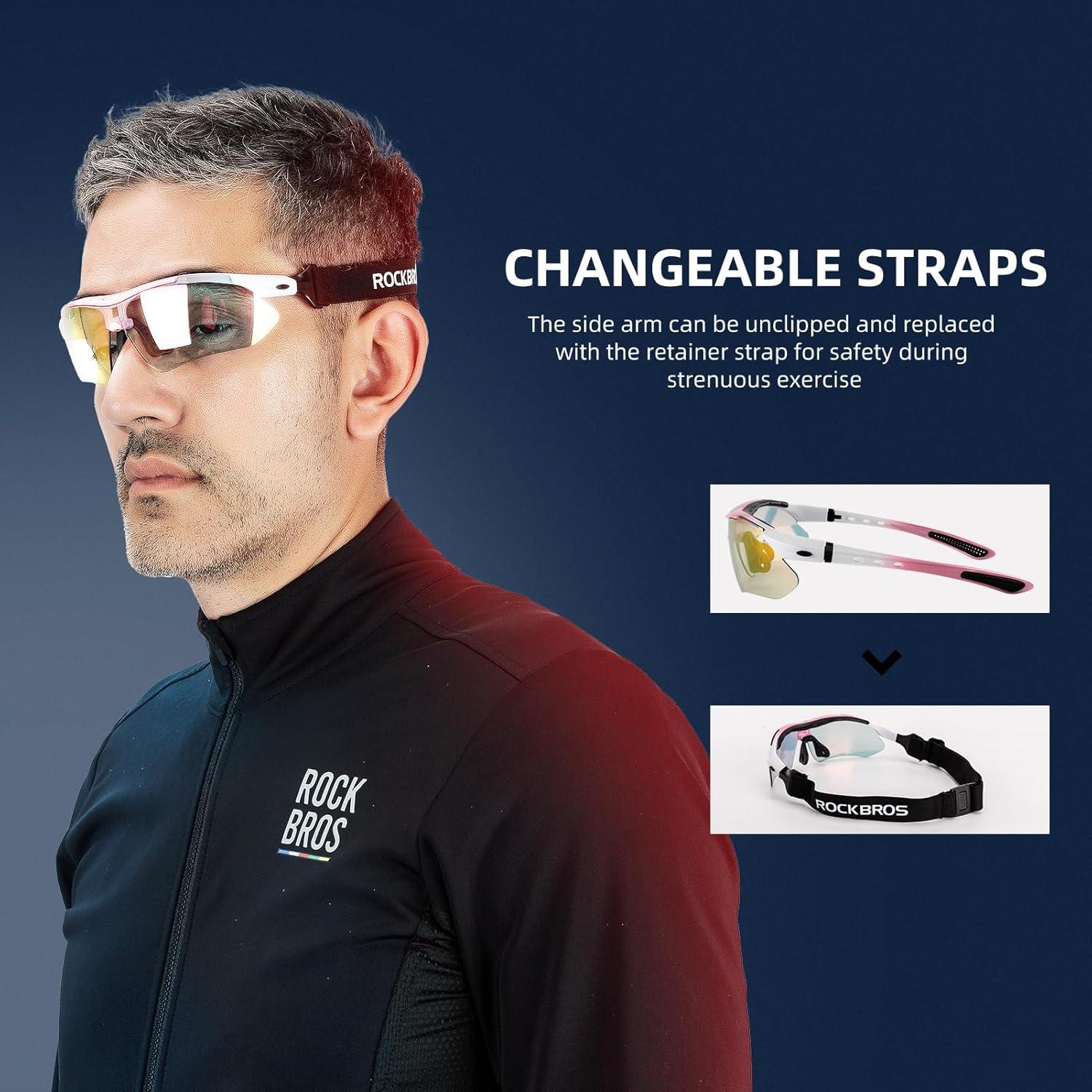 imageROCKBROS Photochromic Sports Sunglasses Mens Pickleball Glasses Cycling Glasses MTB Sunglasses with Removable Elasctic BandPink