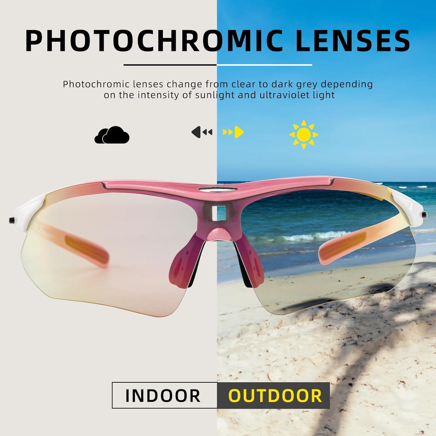 imageROCKBROS Photochromic Sports Sunglasses Mens Pickleball Glasses Cycling Glasses MTB Sunglasses with Removable Elasctic BandPink