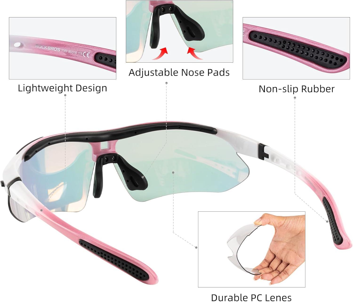 imageROCKBROS Photochromic Sports Sunglasses Mens Pickleball Glasses Cycling Glasses MTB Sunglasses with Removable Elasctic BandPink