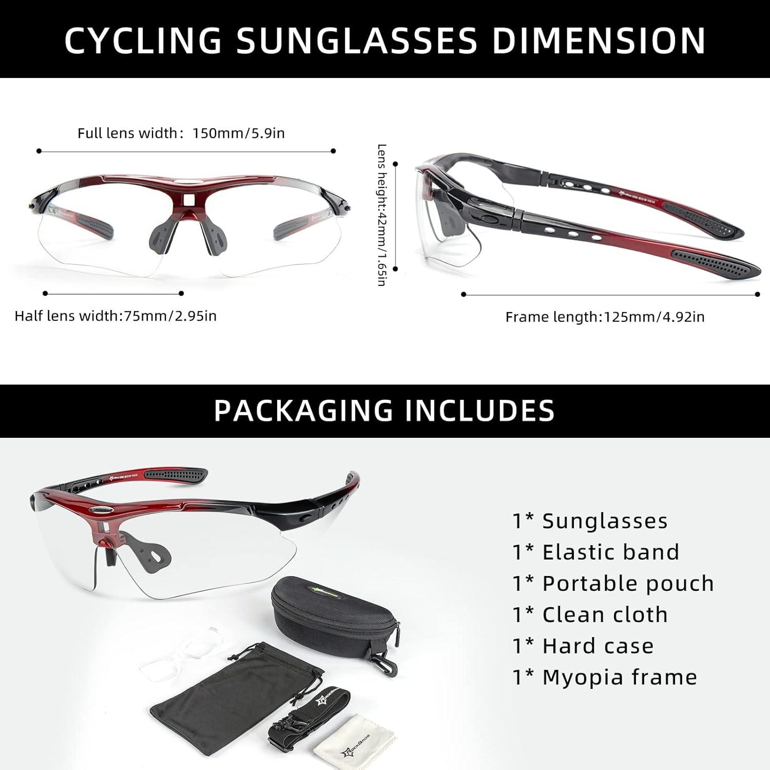 imageROCKBROS Photochromic Sports Sunglasses Mens Pickleball Glasses Cycling Glasses MTB Sunglasses with Removable Elasctic BandRed