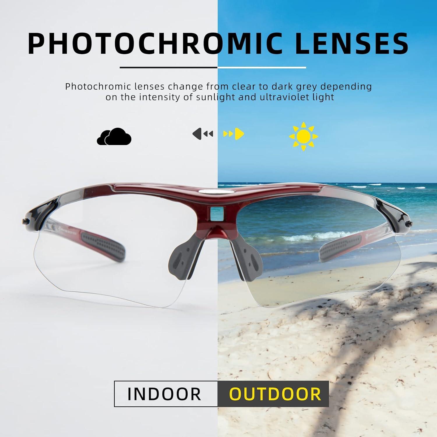 imageROCKBROS Photochromic Sports Sunglasses Mens Pickleball Glasses Cycling Glasses MTB Sunglasses with Removable Elasctic BandRed