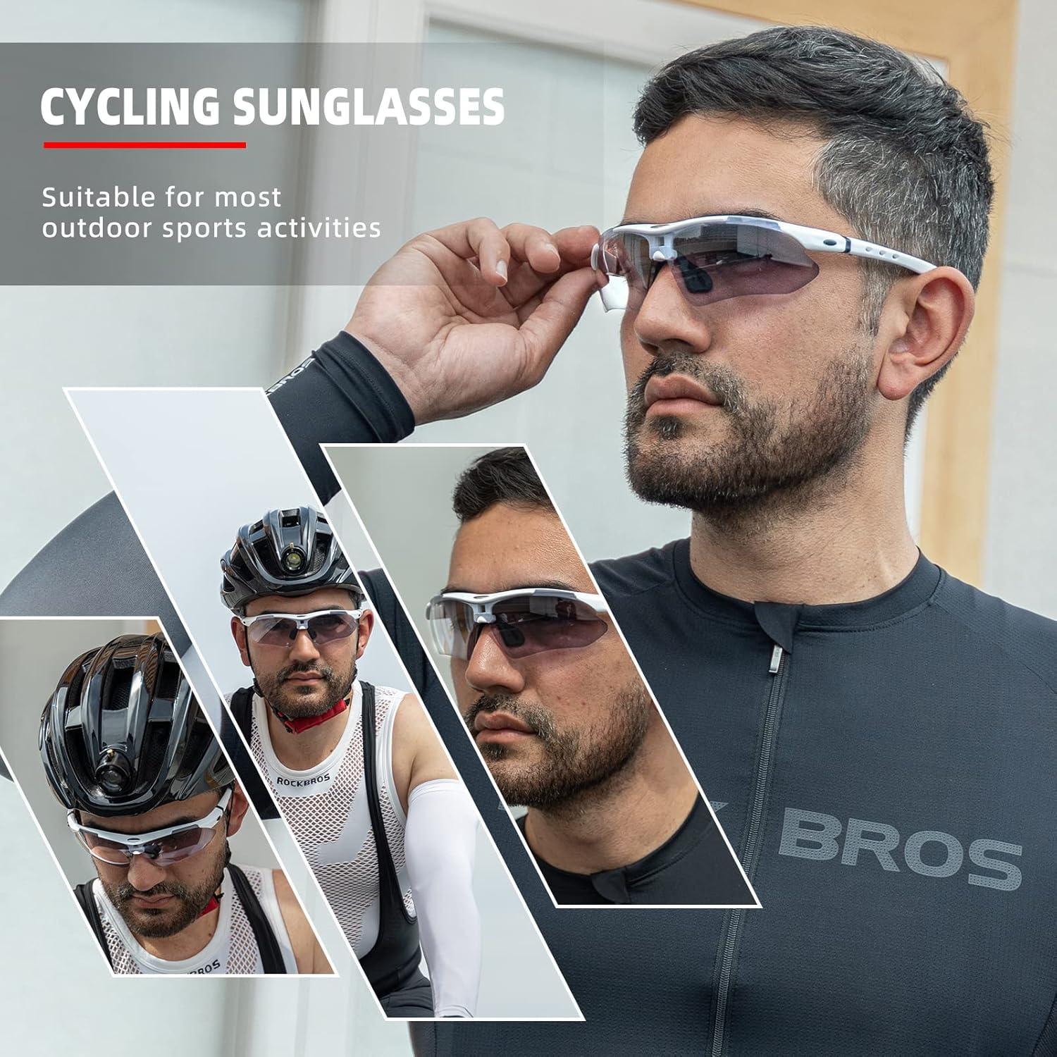 imageROCKBROS Photochromic Sports Sunglasses Mens Pickleball Glasses Cycling Glasses MTB Sunglasses with Removable Elasctic BandWhite