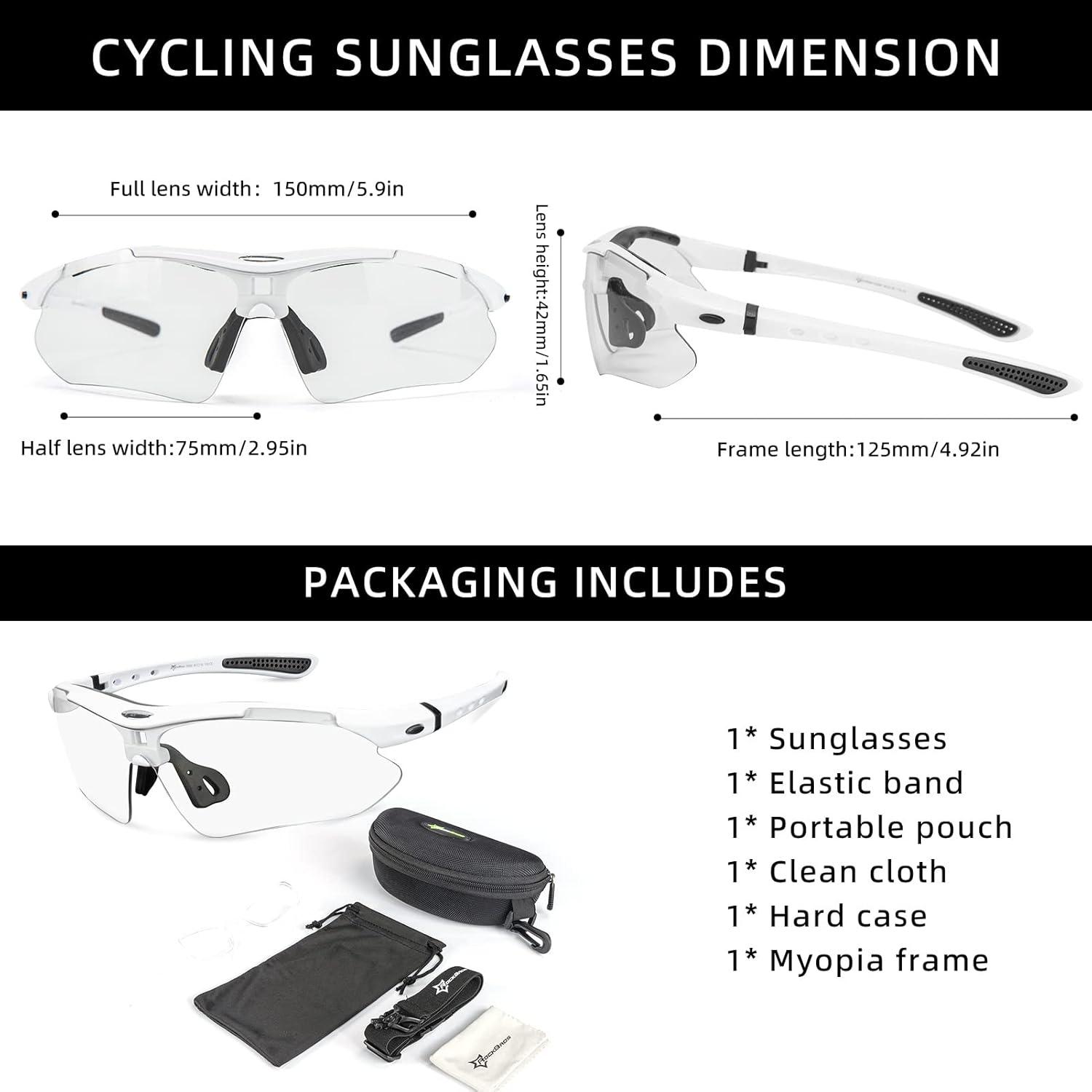 imageROCKBROS Photochromic Sports Sunglasses Mens Pickleball Glasses Cycling Glasses MTB Sunglasses with Removable Elasctic BandWhite