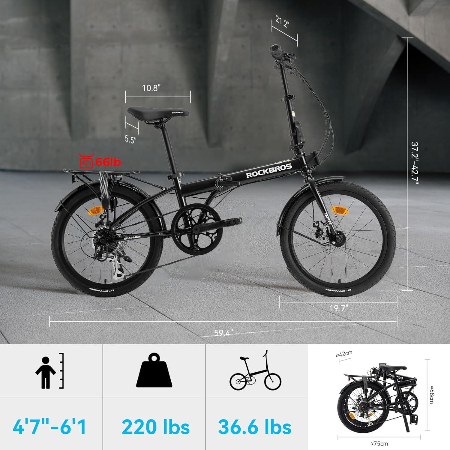 imageROCKBROS SNK 20Inch Folding Bike 366 lb Portable Lightweight HighCarbon Steel Electrophoretic Frame Shimano 7SpeedBlack