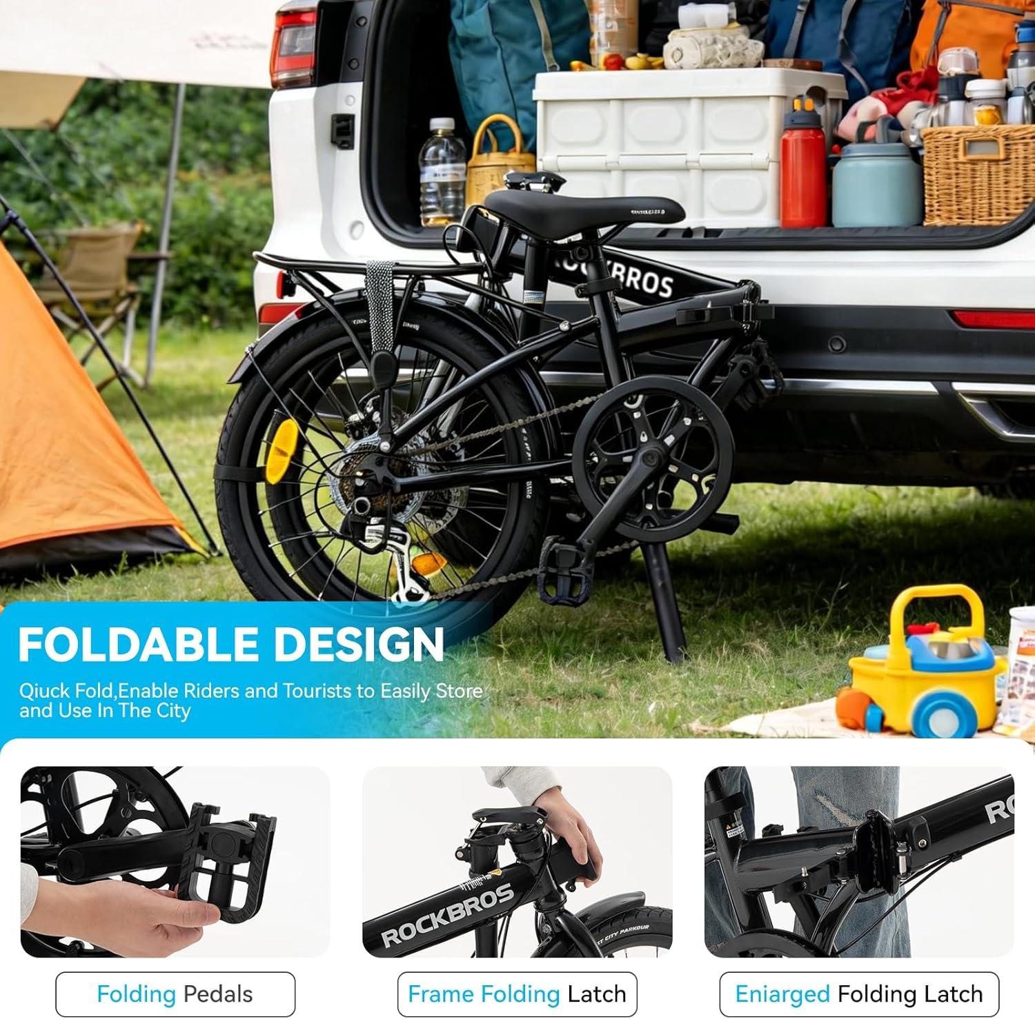 imageROCKBROS SNK 20Inch Folding Bike 366 lb Portable Lightweight HighCarbon Steel Electrophoretic Frame Shimano 7SpeedBlack