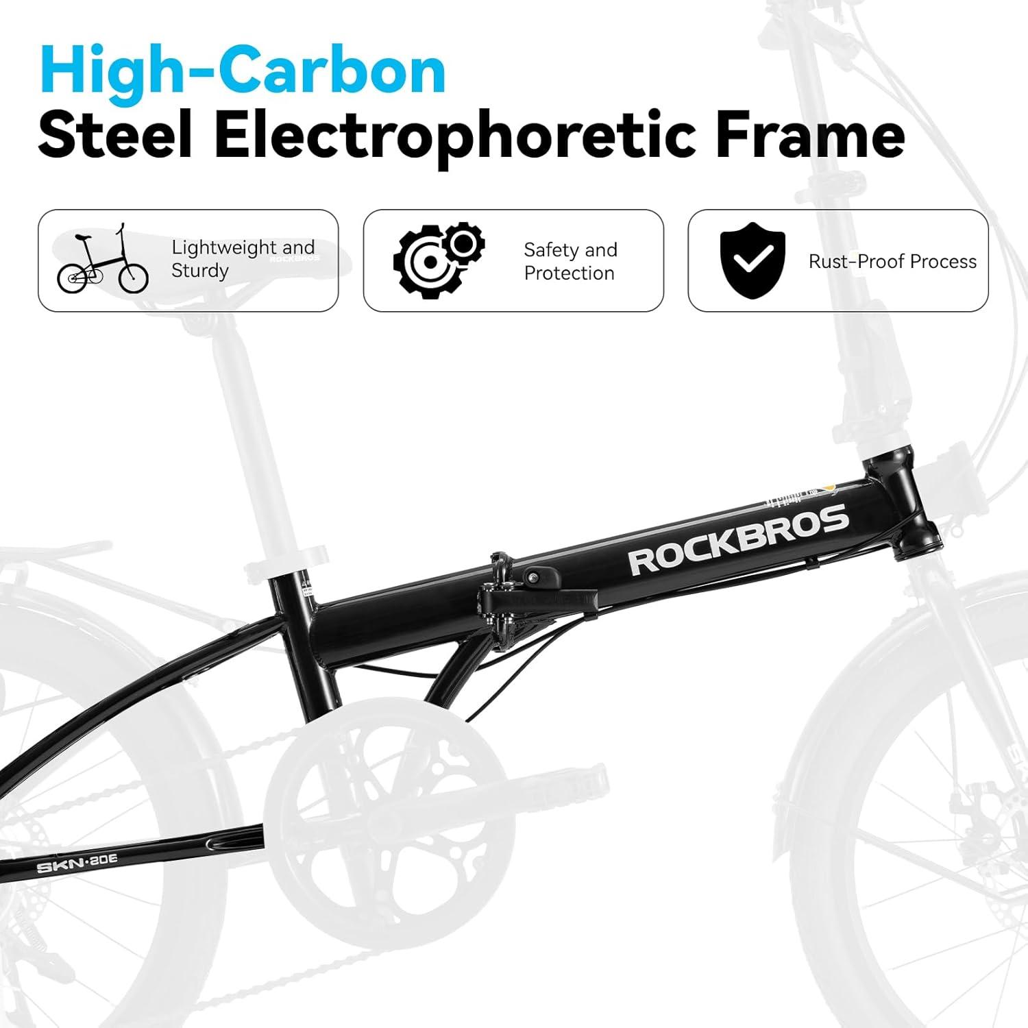 imageROCKBROS SNK 20Inch Folding Bike 366 lb Portable Lightweight HighCarbon Steel Electrophoretic Frame Shimano 7SpeedBlack