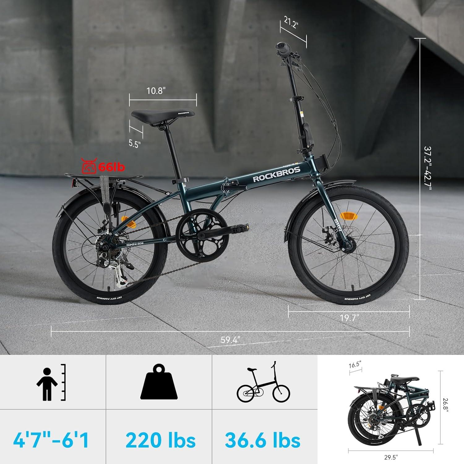 imageROCKBROS SNK 20Inch Folding Bike 366 lb Portable Lightweight HighCarbon Steel Electrophoretic Frame Shimano 7SpeedBlue