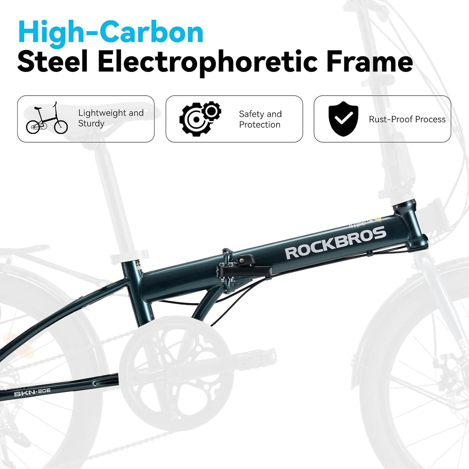 imageROCKBROS SNK 20Inch Folding Bike 366 lb Portable Lightweight HighCarbon Steel Electrophoretic Frame Shimano 7SpeedBlue