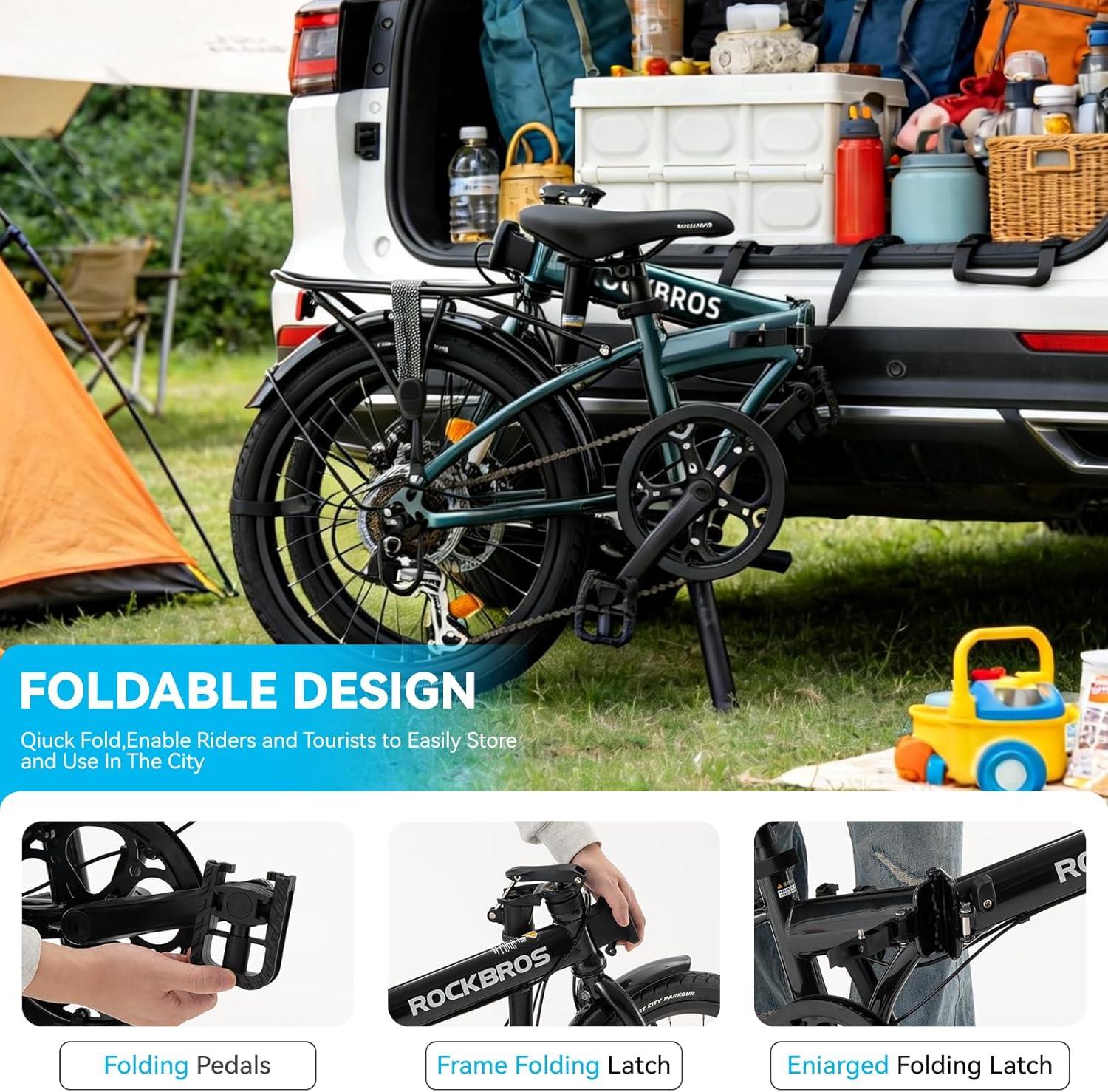 imageROCKBROS SNK 20Inch Folding Bike 366 lb Portable Lightweight HighCarbon Steel Electrophoretic Frame Shimano 7SpeedBlue