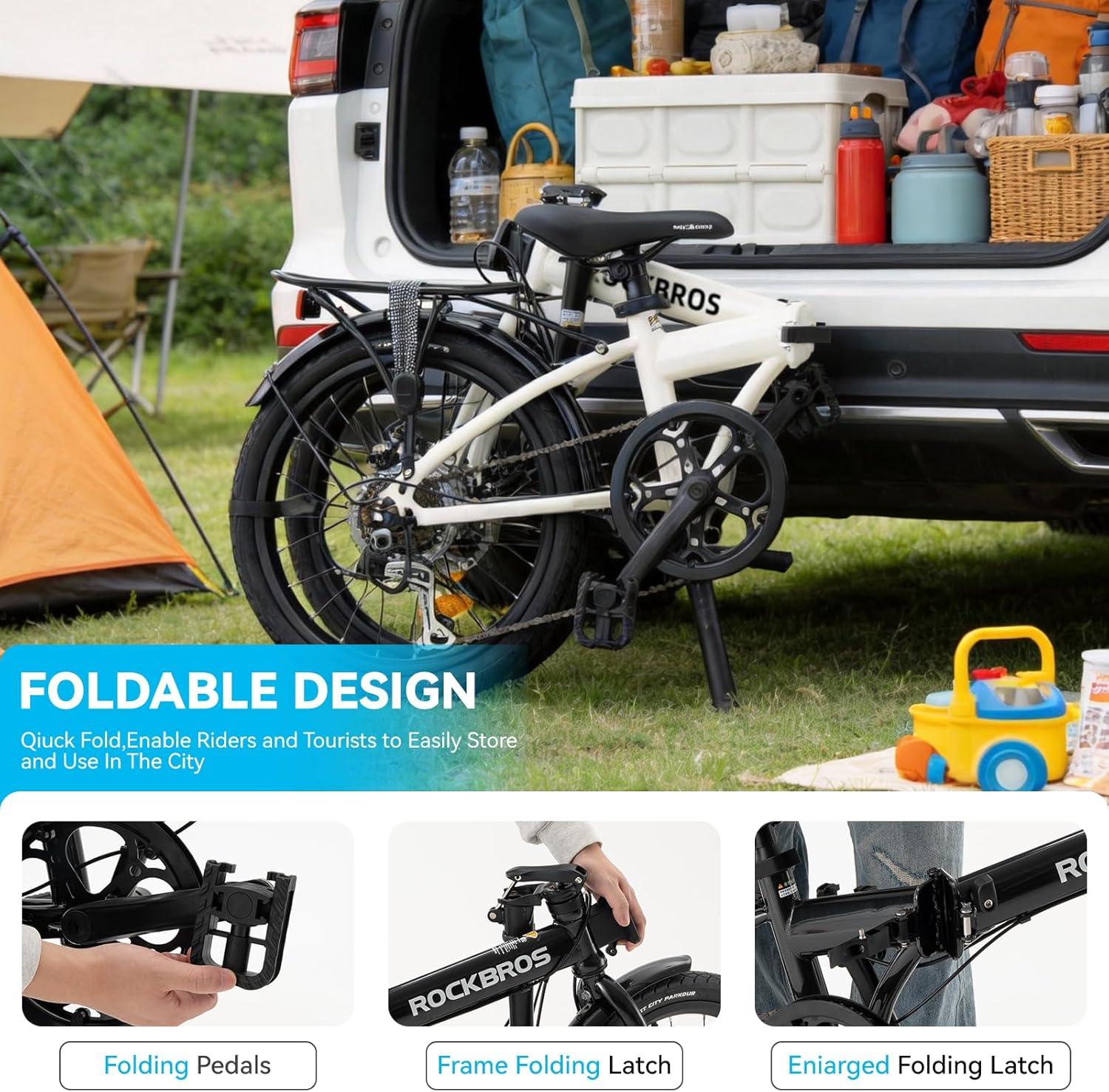 imageROCKBROS SNK 20Inch Folding Bike 366 lb Portable Lightweight HighCarbon Steel Electrophoretic Frame Shimano 7SpeedWhite