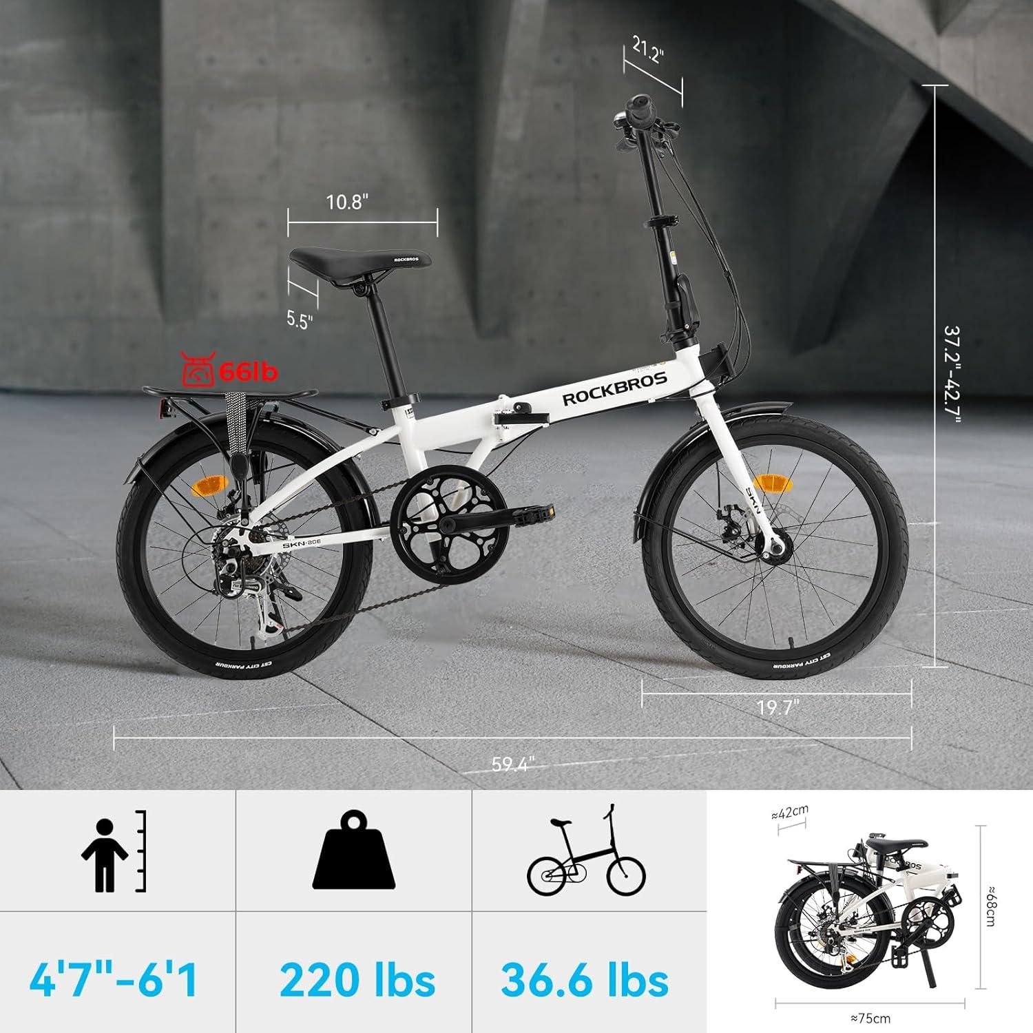 imageROCKBROS SNK 20Inch Folding Bike 366 lb Portable Lightweight HighCarbon Steel Electrophoretic Frame Shimano 7SpeedWhite