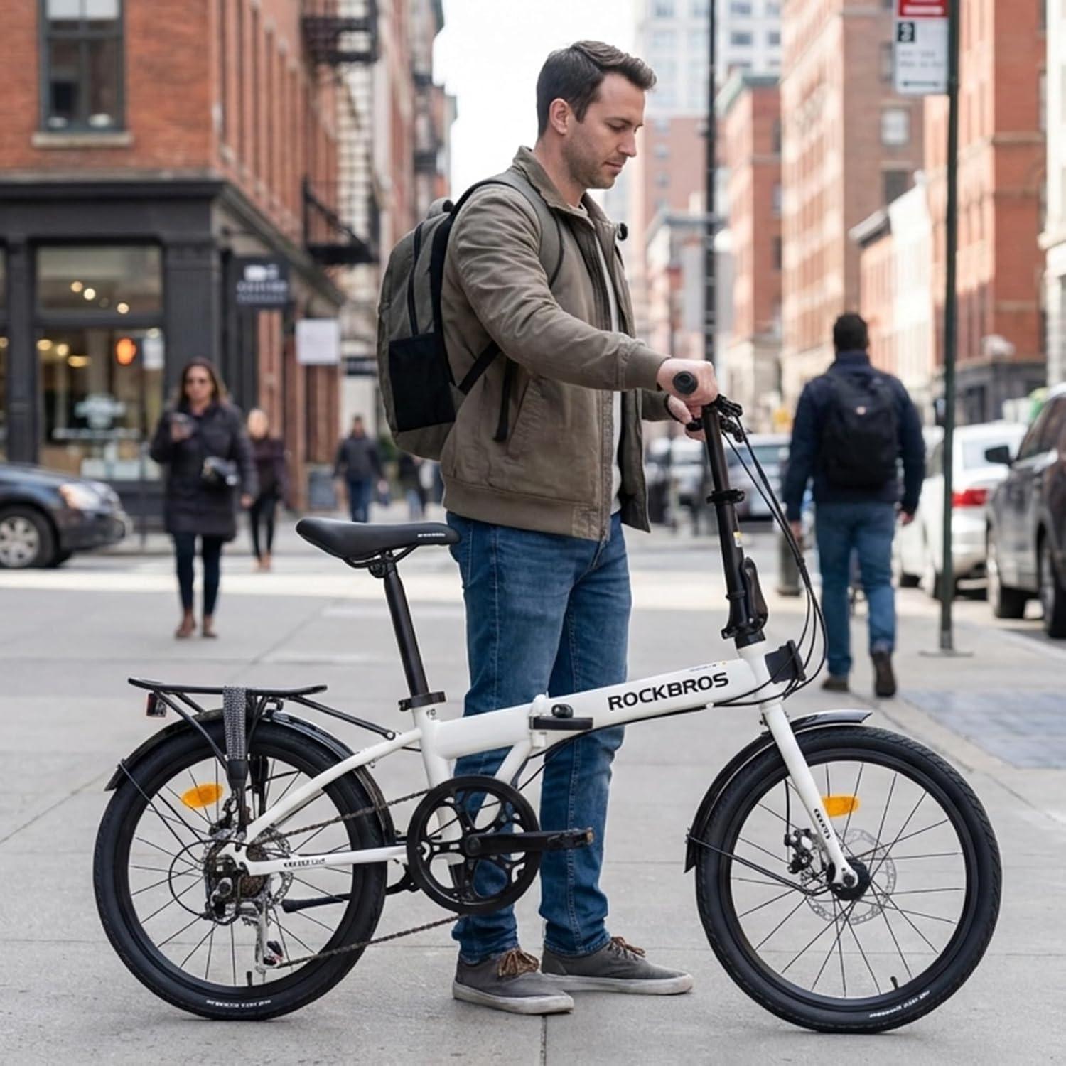 imageROCKBROS SNK 20Inch Folding Bike 366 lb Portable Lightweight HighCarbon Steel Electrophoretic Frame Shimano 7SpeedWhite