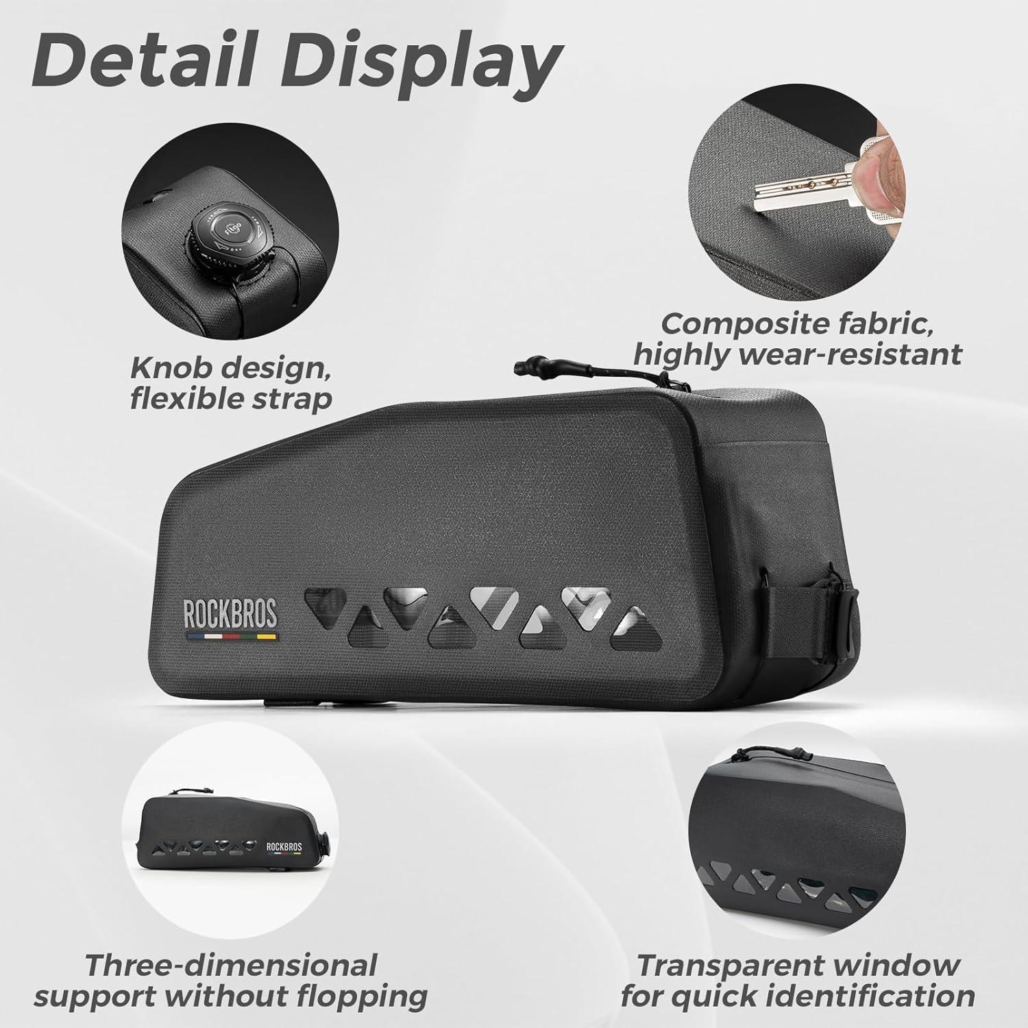 imageROCKBROS Top Tube Bike Bag Waterproof Bike Frame Bag Lightweight Buckle Lock Design TPU Material Top Tube Bag Easy Install Cycling Top Tube Front Frame Pack 1L CapacityBlack