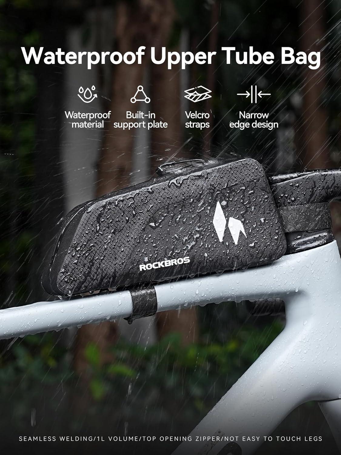 imageROCKBROS Top Tube Bike Frame Bag with Support Plate Waterproof Seamless 1piece Construction Bicycle Storage Front Bag EBike Accessories Fits for Outdoor Journey Gravel MTB Road Cycling Gear