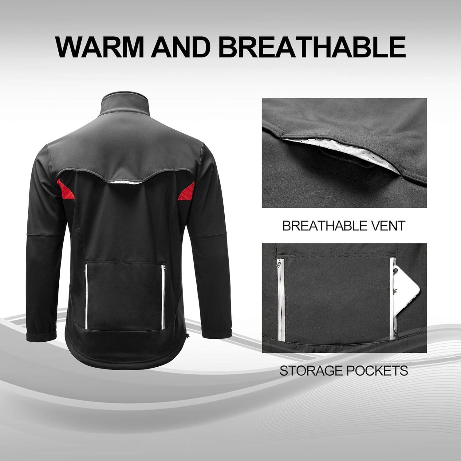 imageROCKBROS Winter Cycling Jacket for Men Thermal Fleece Windproof Jacket Running Biking HikingBlackred