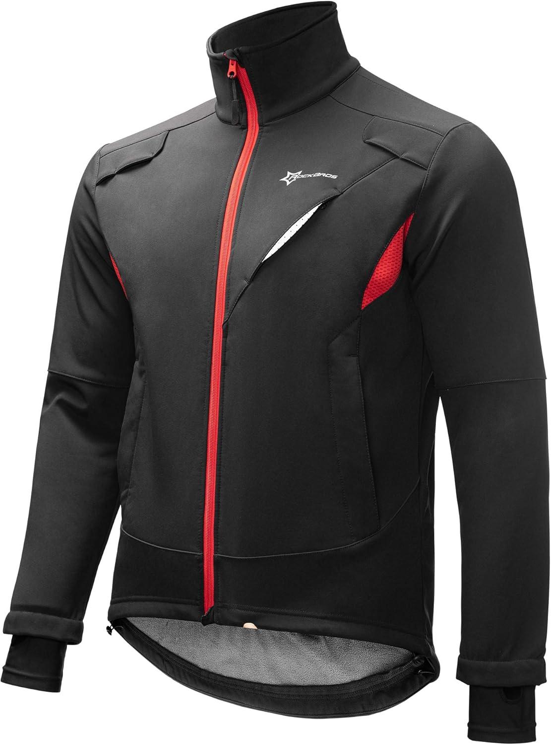 imageROCKBROS Winter Cycling Jacket for Men Thermal Fleece Windproof Jacket Running Biking HikingBlackred