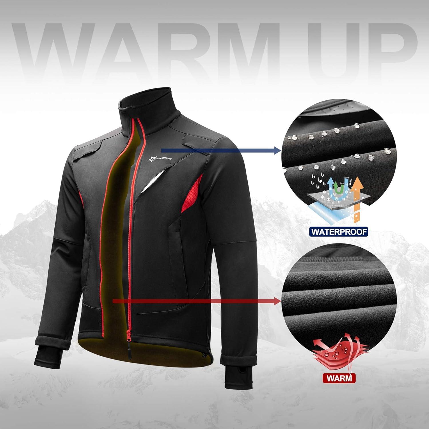 imageROCKBROS Winter Cycling Jacket for Men Thermal Fleece Windproof Jacket Running Biking HikingBlackred