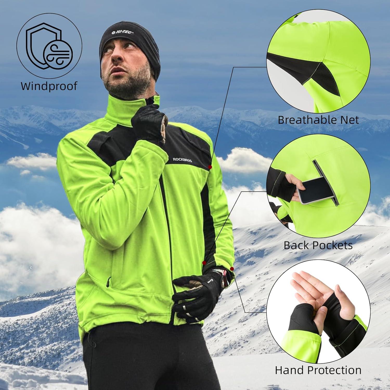 imageROCKBROS Winter Cycling Jackets for Men Thermal Warm Bike Jacket Windproof Running Cycling Jacket for Cold WeatherBlack Green