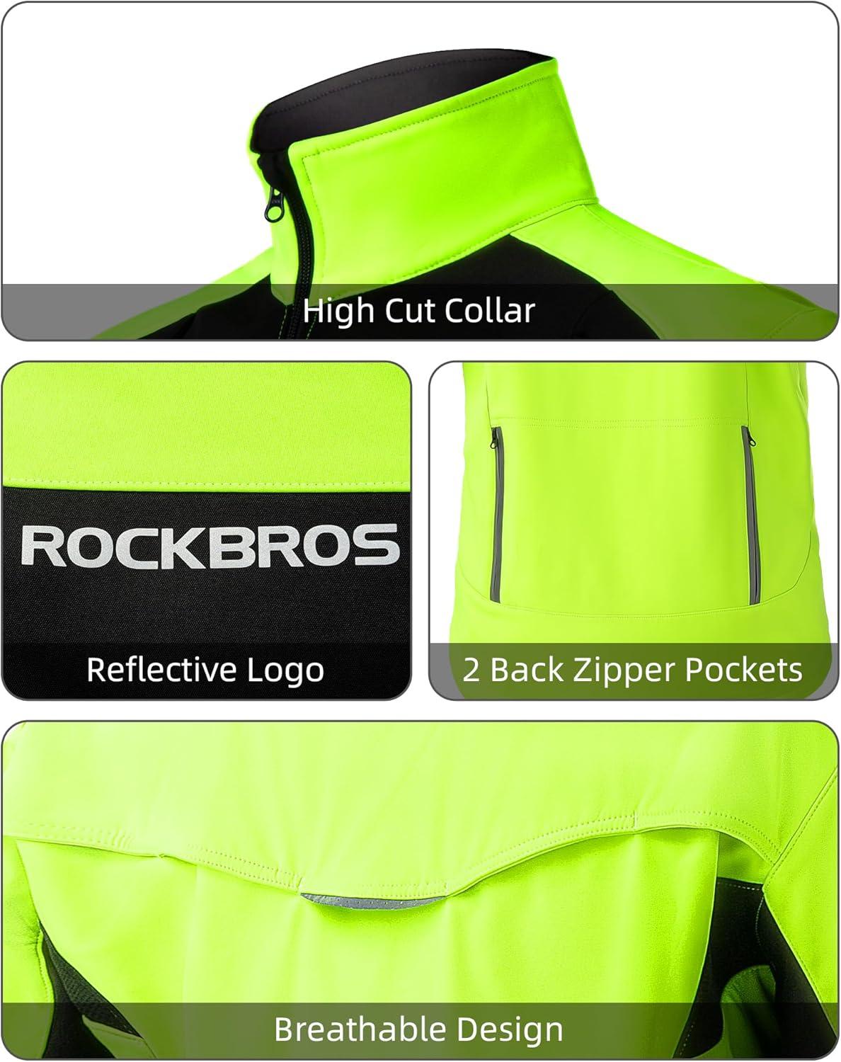 imageROCKBROS Winter Cycling Jackets for Men Thermal Warm Bike Jacket Windproof Running Cycling Jacket for Cold WeatherBlack Green