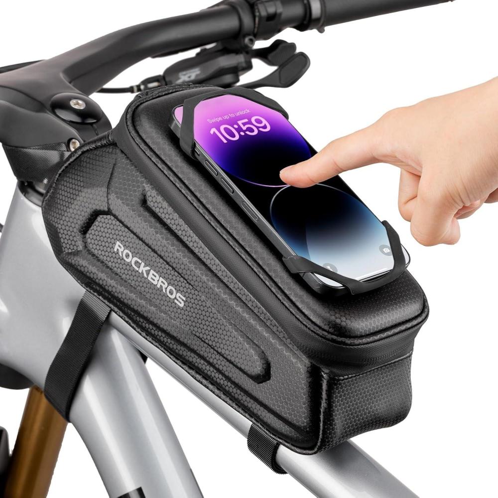 imageROCKBROS Bike Bag Phone Holder Bag Bike Top Tube Bag Bicycle Frame Bag Waterproof Bike Bag Pouch Bike Accessories for Mountain Road Bike MTB Ebikes Compatible with Phone Under 65