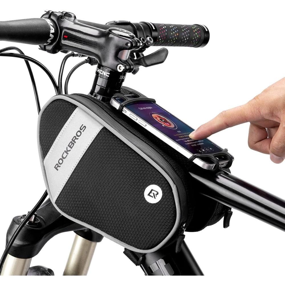 imageROCKBROS Bike Front Frame Bag Top Tube Bike Phone Mount Bag Waterproof Bicycle Handlebar Cycling Accessories Pouch with 360 Rotation Phone Holder Fit Smartphone Below 7