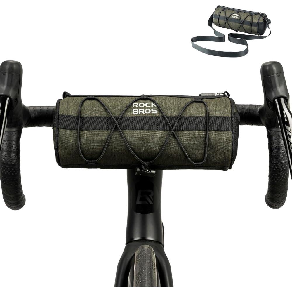 imageROCKBROS Bike Handlebar Bag Small Bicycle Handle Bar Bag Handy Front Bike Bags Handlebar Storage Pouch Pack with Shoulder Strap Little Mountain Road Bike Barrel BagDark Green