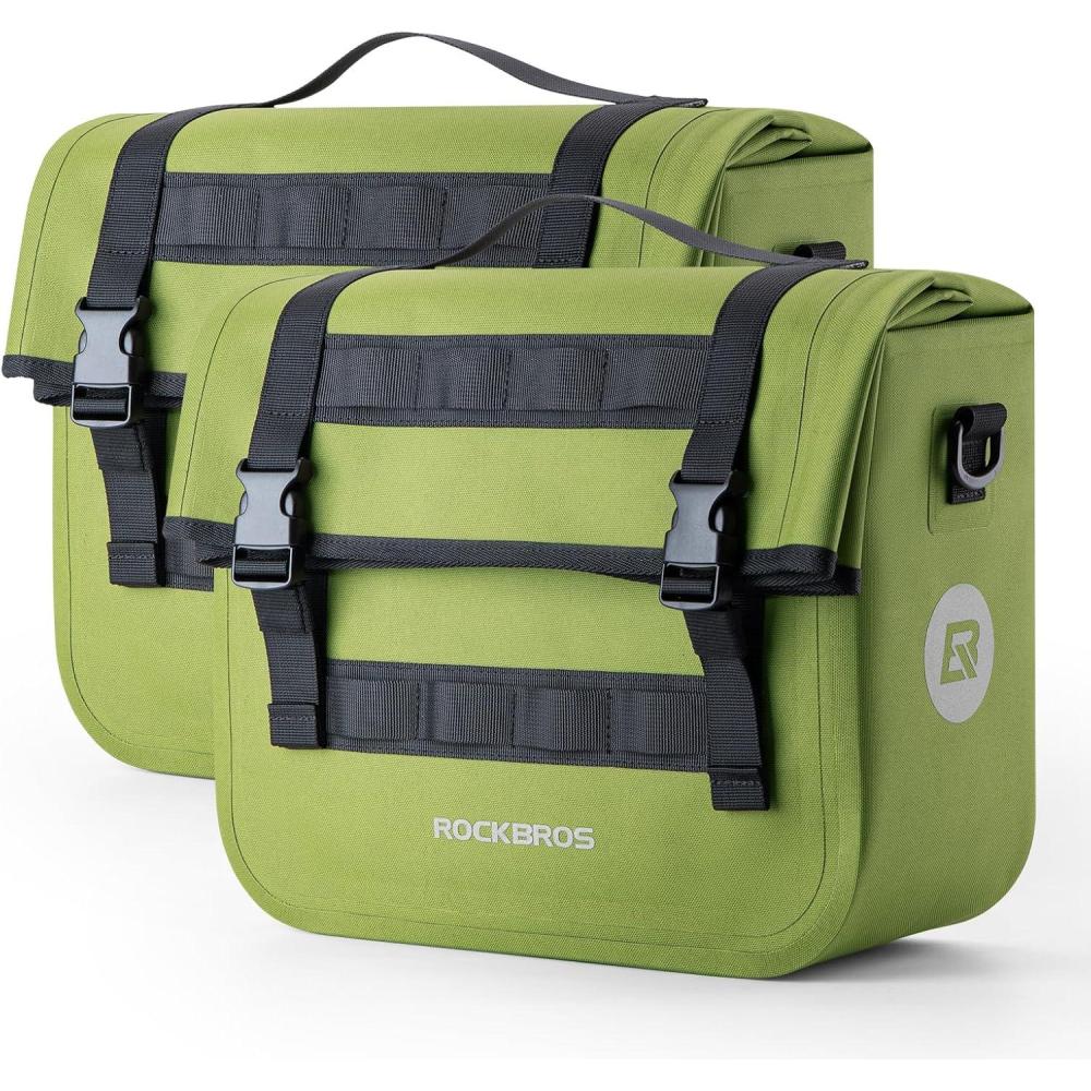 imageROCKBROS Bike Panniers 15L Capacity Waterproof Bike Rack Bag Bicycle Panniers for Cycling Commuting Bikepacking BlackGreen 2PCS