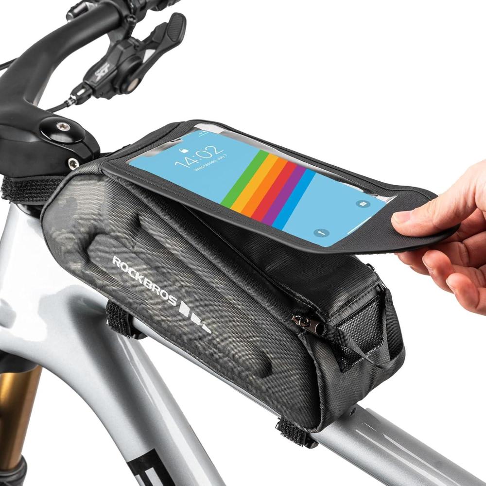 imageROCKBROS Bike Phone Front Frame Bag Bicycle Top Tube Handlebar Bag 3D EVA Bike Phone Mount Holder Bag Bike Accessories Cycling Pouch 17L Compatible Phones Under 7Camo