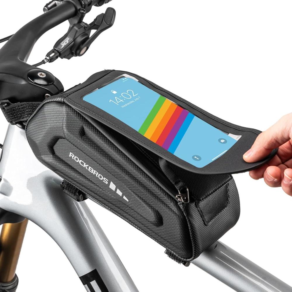 imageROCKBROS Bike Phone Front Frame Bag Bicycle Top Tube Handlebar Bag 3D EVA Bike Phone Mount Holder Bag Bike Accessories Cycling Pouch 17L Compatible Phones Under 7Black