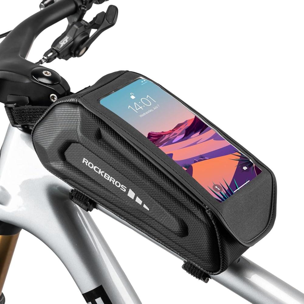imageROCKBROS Bike Phone Mount Frame Bag Oversized EVA Waterproof Bike Phone Holder Bicycle Top Tube Front Frame Bag Bikes Accessories Gifts Pouch for Phones Under 75 Black17LBlack Hook and Loop