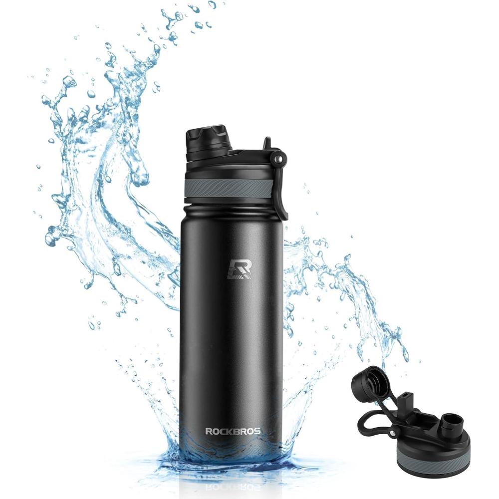 imageROCKBROS Insulated Water Bottle with Straw Stainless Steel Sports Water Cup Flask Leak Proof with Handle Keep Warm and Cold for Hiking Cycling Bike Travel School Sports Gym 18 OZ Black