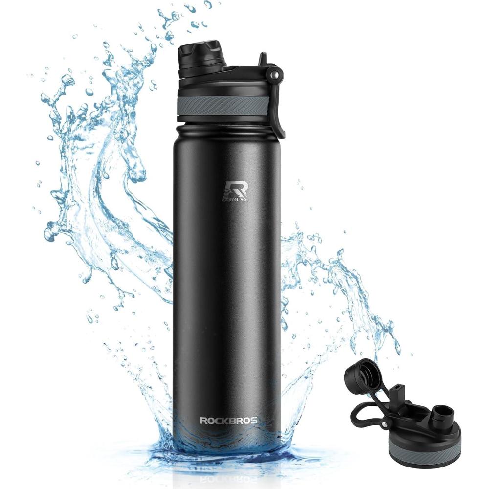 imageROCKBROS Insulated Water Bottle with Straw Stainless Steel Sports Water Cup Flask Leak Proof with Handle Keep Warm and Cold for Hiking Cycling Bike Travel School Sports GymBlack