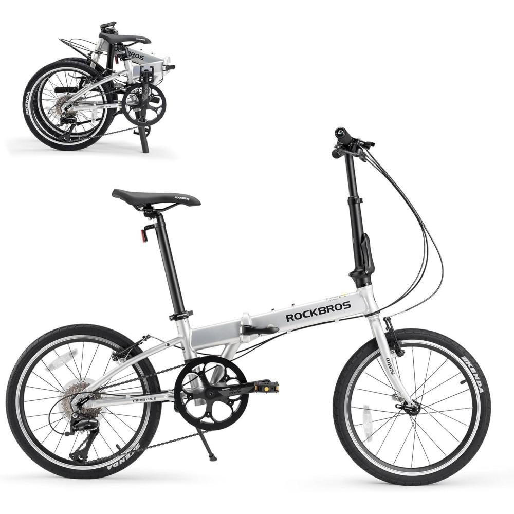 imageROCKBROS MBS 20Inch Folding Bike 25 lb Portable Lightweight Aluminum Frame Shimano 8Speed VBrakes Adjustable Foldable Commuter Bike for Adults amp Womensilver