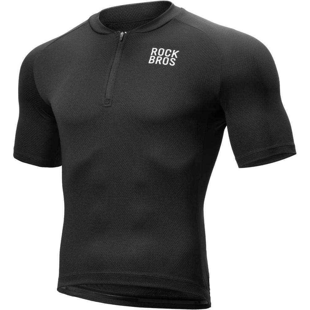 imageROCKBROS Mens Cycling Jersey Short Sleeve Road Bike Shirt with 3 Rear Pockets Breathable Quick Dry Bicycle ShirtBlack