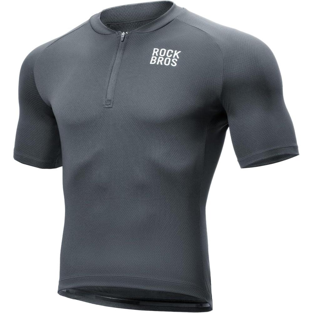 imageROCKBROS Mens Cycling Jersey Short Sleeve Road Bike Shirt with 3 Rear Pockets Breathable Quick Dry Bicycle ShirtDark Gray