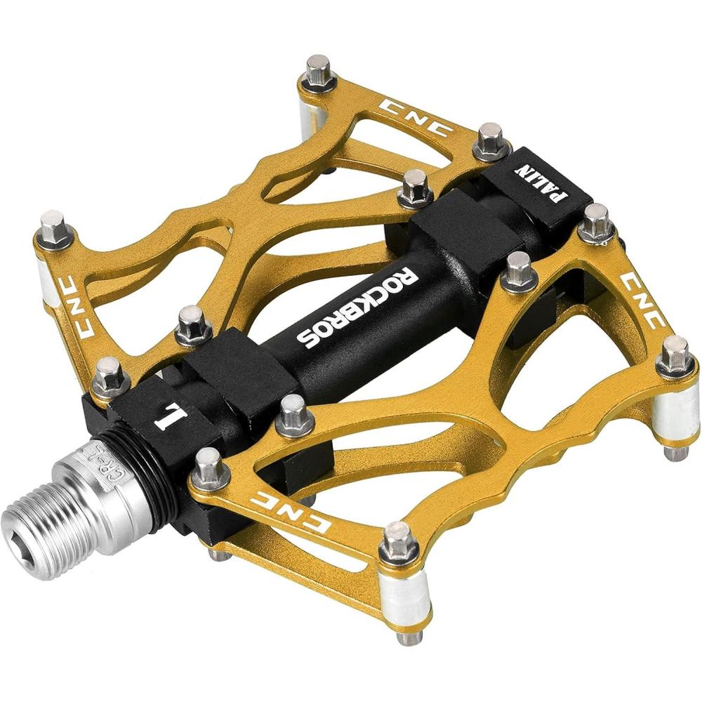 imageROCKBROS Mountain Bike Pedals MTB Pedals CNC NonSlip Lightweight Aluminum Alloy Bicycle Pedals Sealed Bearings Bicycle Platform Pedals 916 BMX Road Bike PedalGold