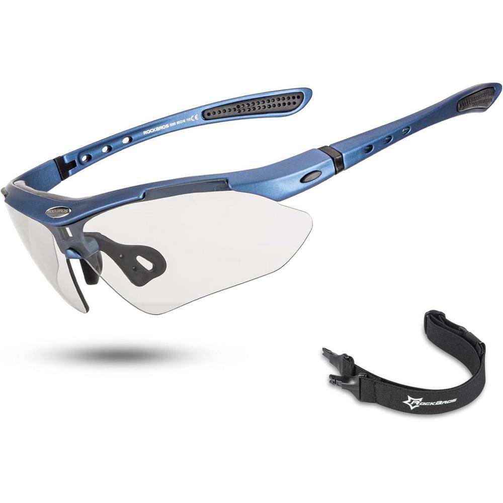 imageROCKBROS Photochromic Sports Sunglasses Mens Pickleball Glasses Cycling Glasses MTB Sunglasses with Removable Elasctic BandBlue