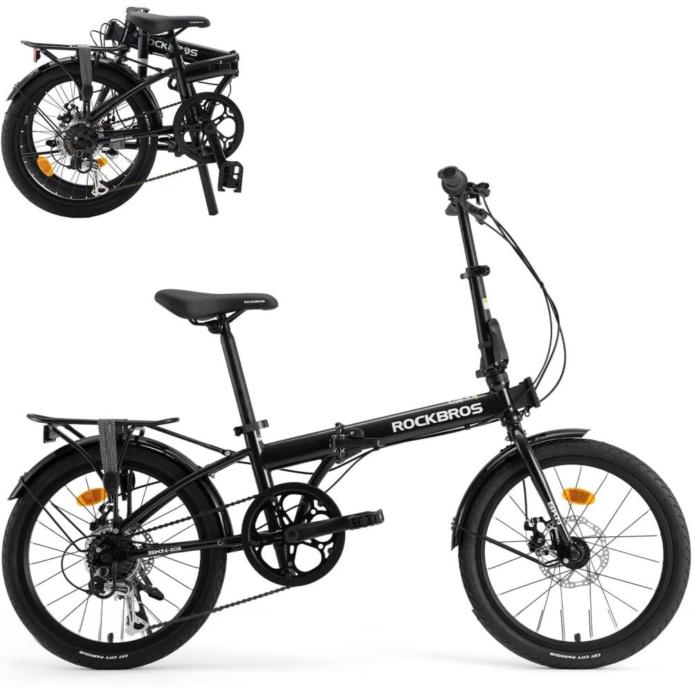 imageROCKBROS SNK 20Inch Folding Bike 366 lb Portable Lightweight HighCarbon Steel Electrophoretic Frame Shimano 7SpeedBlack