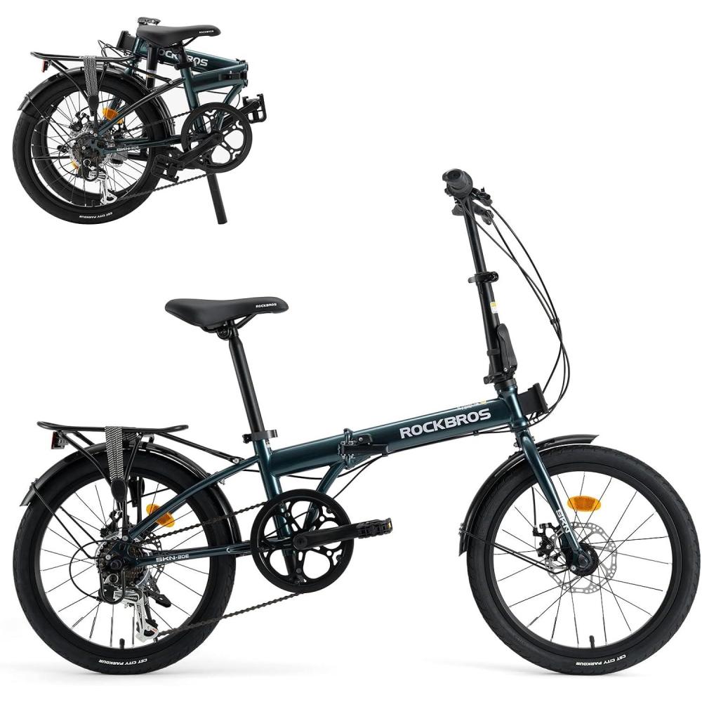 imageROCKBROS SNK 20Inch Folding Bike 366 lb Portable Lightweight HighCarbon Steel Electrophoretic Frame Shimano 7SpeedBlue