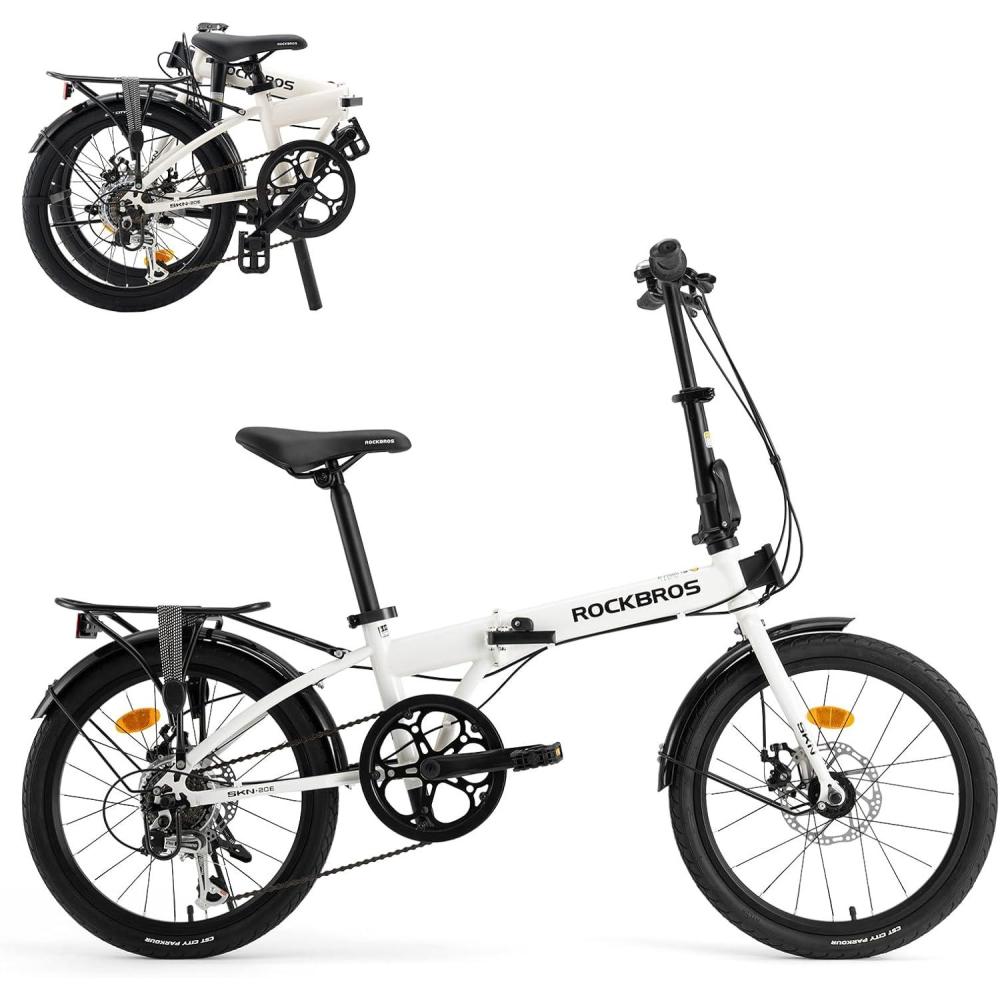imageROCKBROS SNK 20Inch Folding Bike 366 lb Portable Lightweight HighCarbon Steel Electrophoretic Frame Shimano 7SpeedWhite