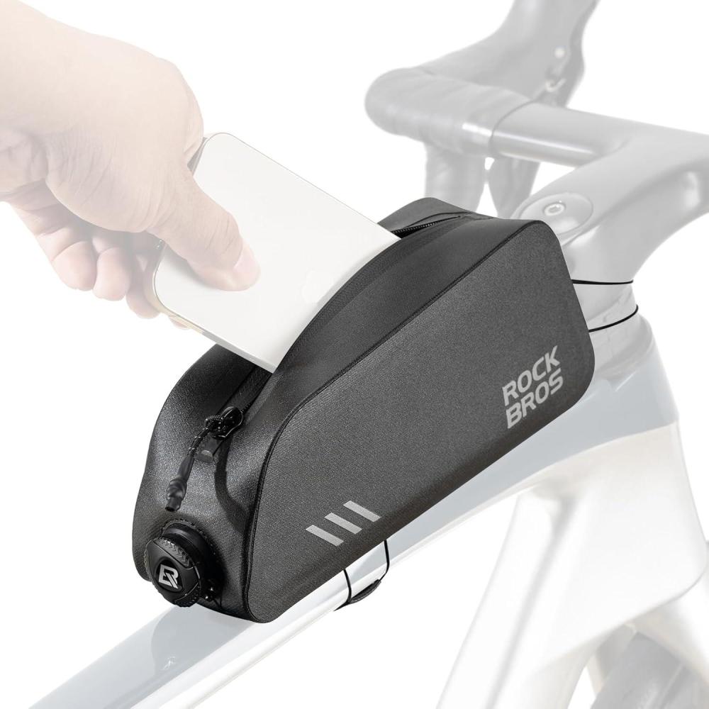 imageROCKBROS Top Tube Bike Bag Waterproof Bike Frame Bag Lightweight Buckle Lock Design TPU Material Top Tube Bag Easy Install Cycling Top Tube Front Frame Pack 1L CapacityUpgraded Black