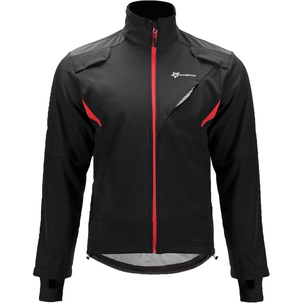 imageROCKBROS Winter Cycling Jacket for Men Thermal Fleece Windproof Jacket Running Biking HikingBlackred