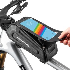 ROCKBROS Bike Phone Front Frame Bag Bicycle Top Tube Handlebar Bag 3D EVA Bike Phone Mount Holder Bag Bike Accessories Cycling Pouch 1.7L Compatible Phones Under 7”(Black)