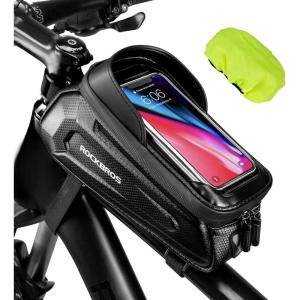 ROCKBROS Bike Phone Mount Frame Bag, Oversized EVA Waterproof Bike Phone Holder Bicycle Top Tube Front Frame Bag Bikes Accessories Gifts Pouch for Phones Under 7.5” (Black-1.7L)(Black – Hook and Loop – 1.3L)