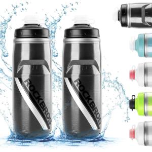 ROCKBROS Bike Water Bottle 21oz Bicycle Water Bottle for 5hrs Insulation Sports Squeeze Water Bottle with Leakproof Design(Black*2 Pack)